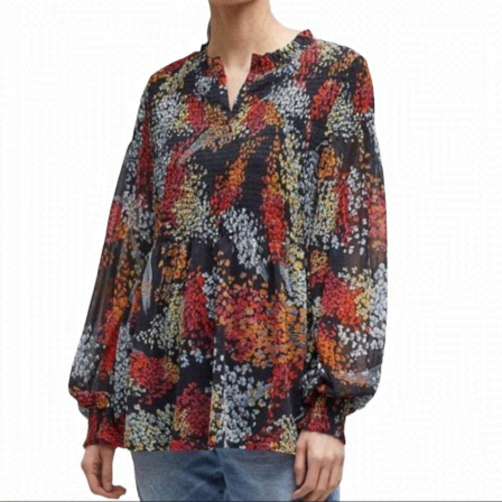 Anthropologie Akemi Kin Adria Floral Long Sleeve Smocked Blouse
